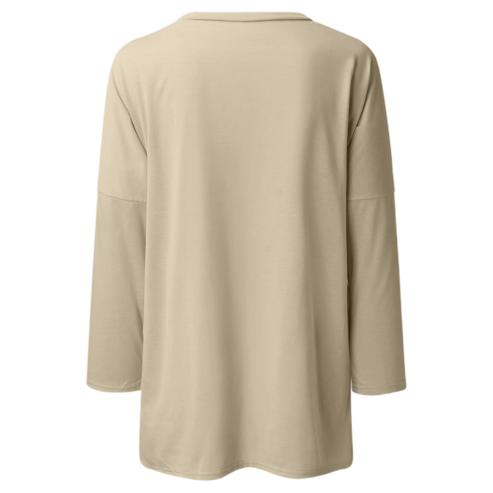 thumbnail image 5 of Camiseta de manga larga con cuello redondo y bolsillos para mujer: color liso, tejido elástico suave, camiseta larga informal para el día a día y la playa., 5 of 5